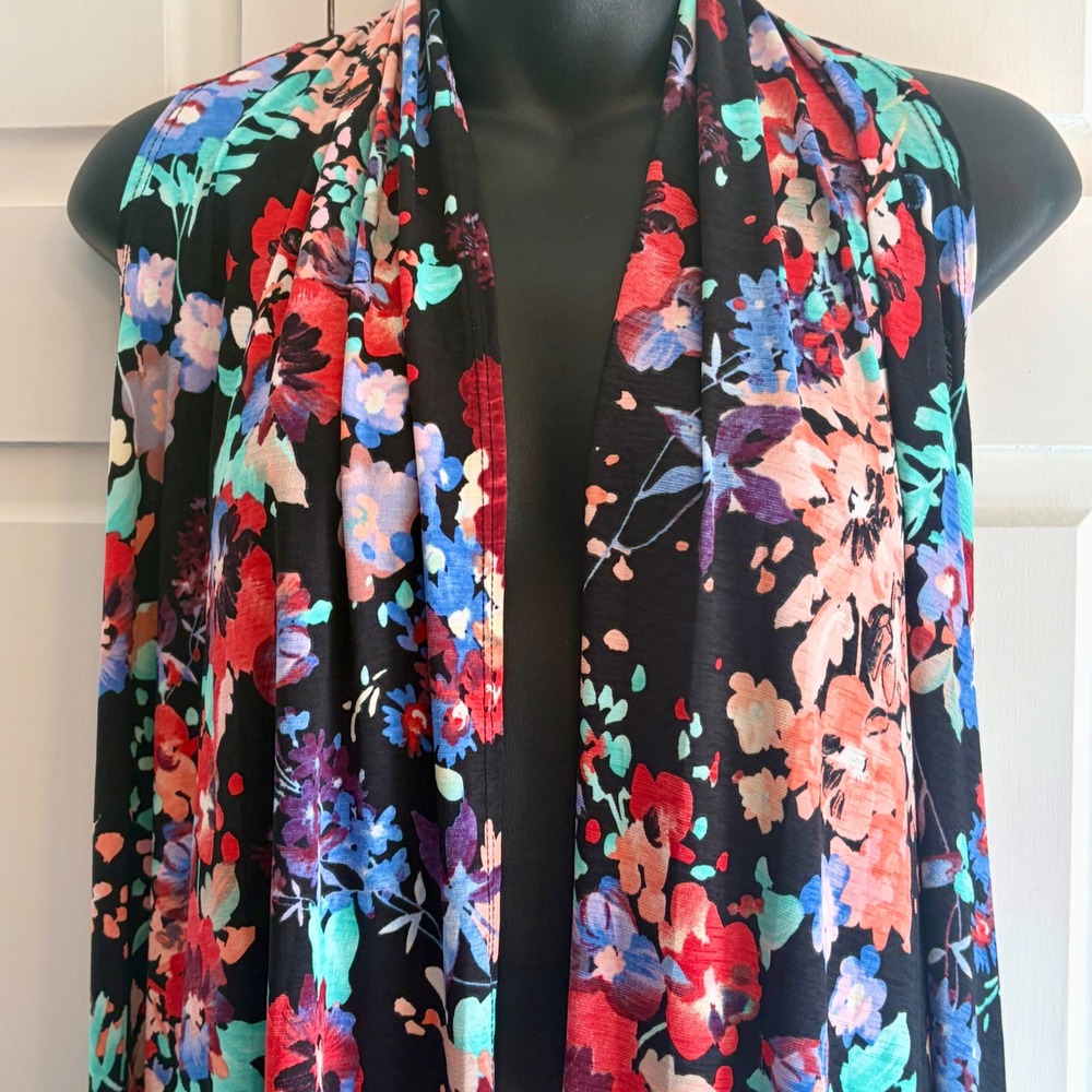 NEW Bright Floral Size Medium Sleeveless Open Front Draped Cardigan Vest Pockets - Picture 2 of 11